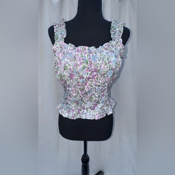 Lush, Floral Smocked, Ruffled Crop Top, Women, Size Small - Picture 1 of 4